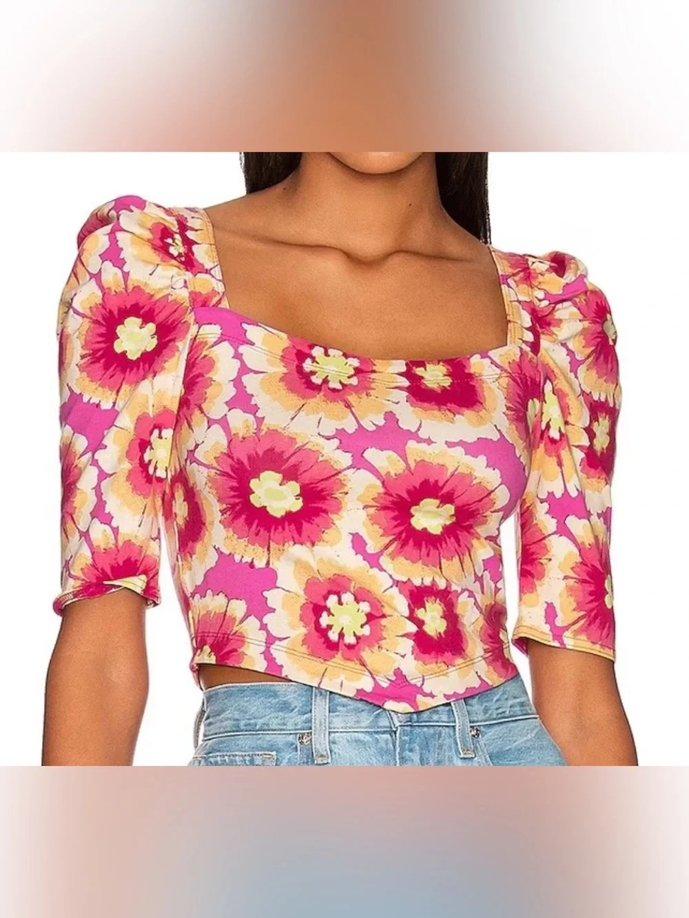 Free People Pink Watercolor Floral Square-Neck Puff Short Sleeve Blouse -Size XS